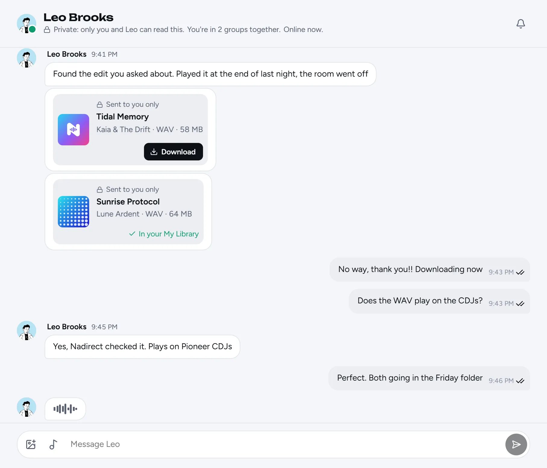 A private chat: two songs sent to you only, read ticks, and the other person typing
