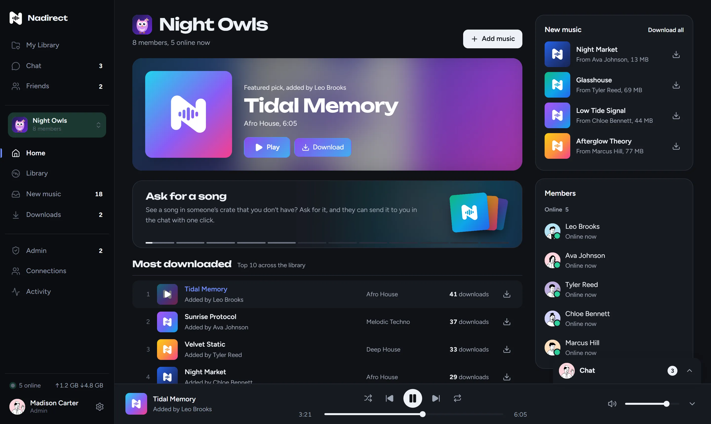 Nadirect's Home screen: the group's featured pick, new music from the crew, who's online and the most downloaded songs