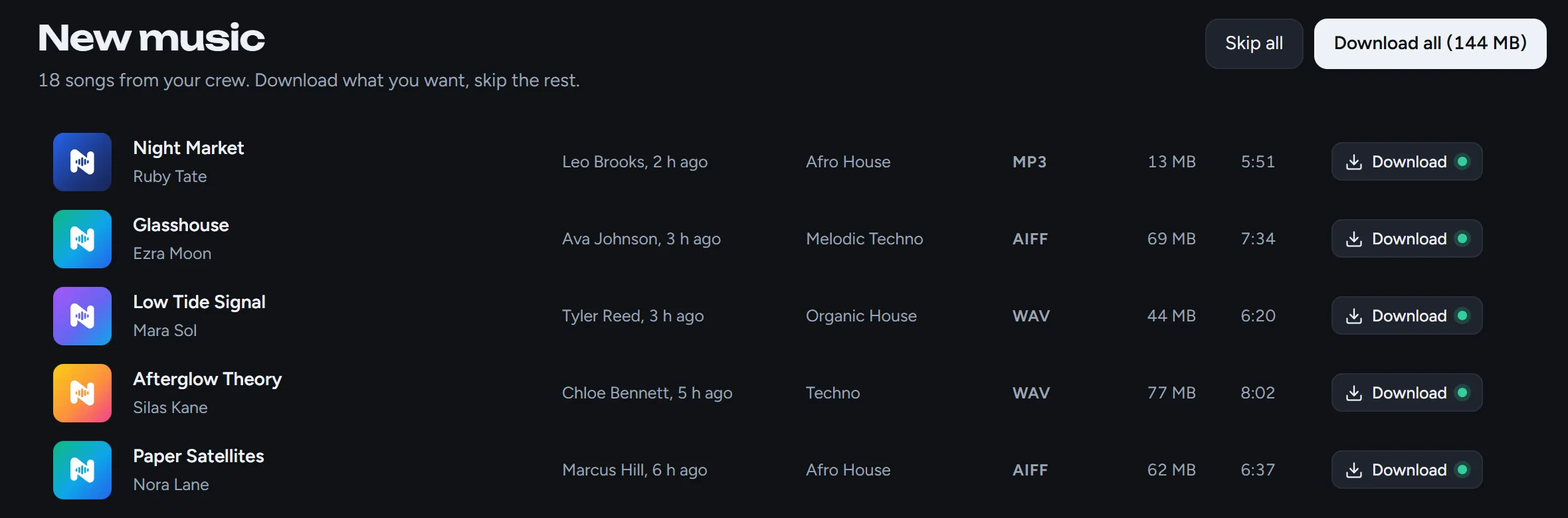New music: songs from the crew, each with who added it, its genre, format, size and a Download button