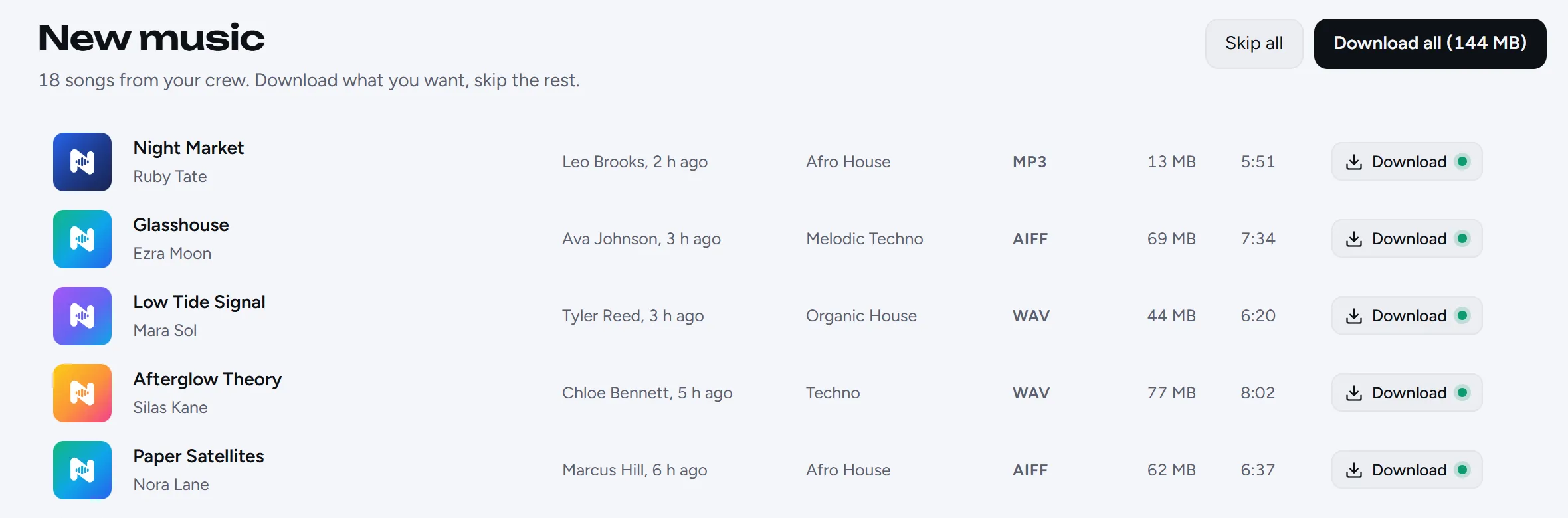 New music: songs from the crew, each with who added it, its genre, format, size and a Download button